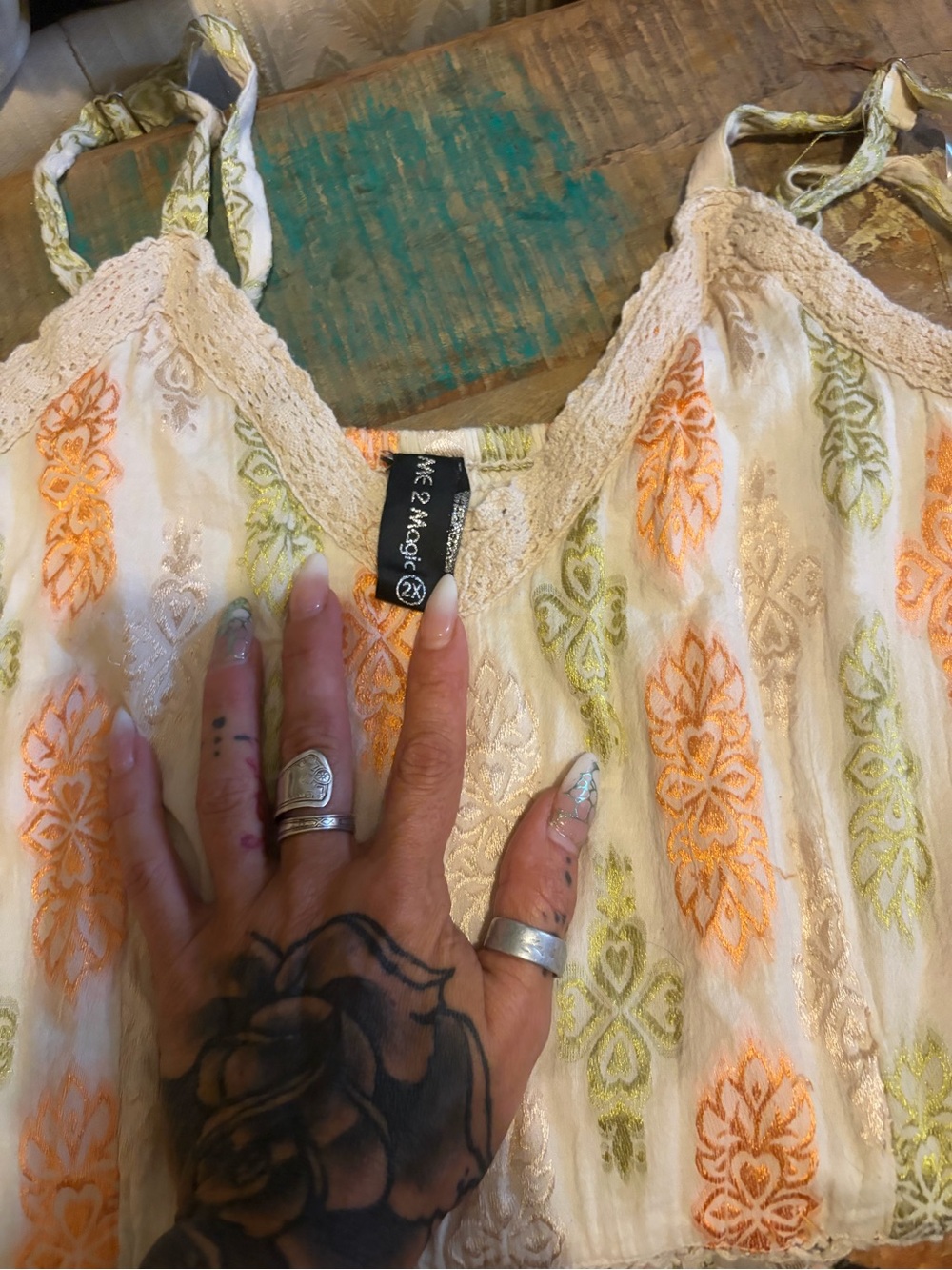 Boho Crochet-Waist Maxi Dress in White with Peach & Sage Print - Picture 2 of 7